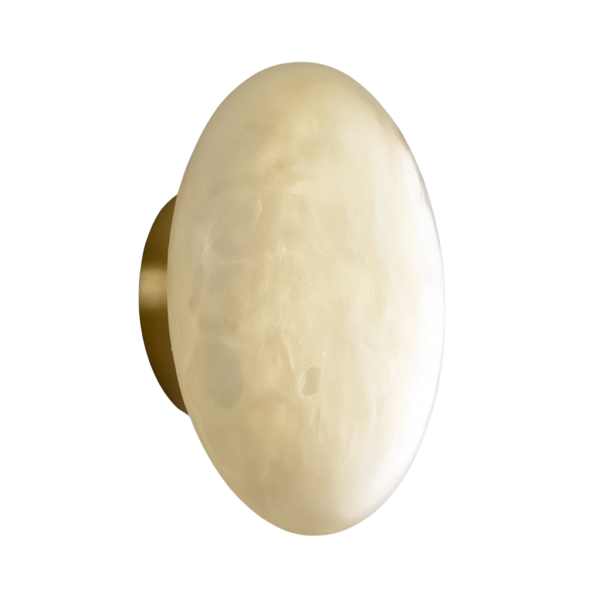 The Solenne LED Large Halo Alabaster Wall Light features a round, wall-mounted design with a smooth, soft white glass shade and a brass base, shown against a white background.