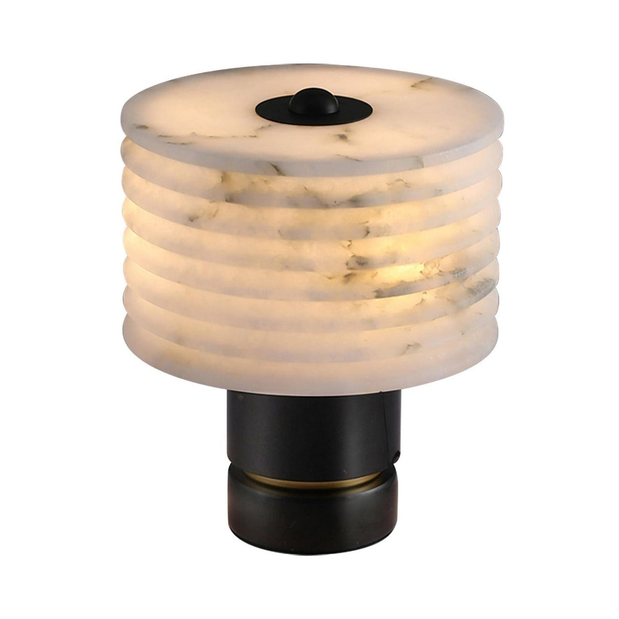 The Stravion 1 Light Large Ribbed Marble & Alabaster Table Lamp in Soft White & Black features a cylindrical, subtly marbled white shade on a black base, casting a warm and inviting glow when turned on.