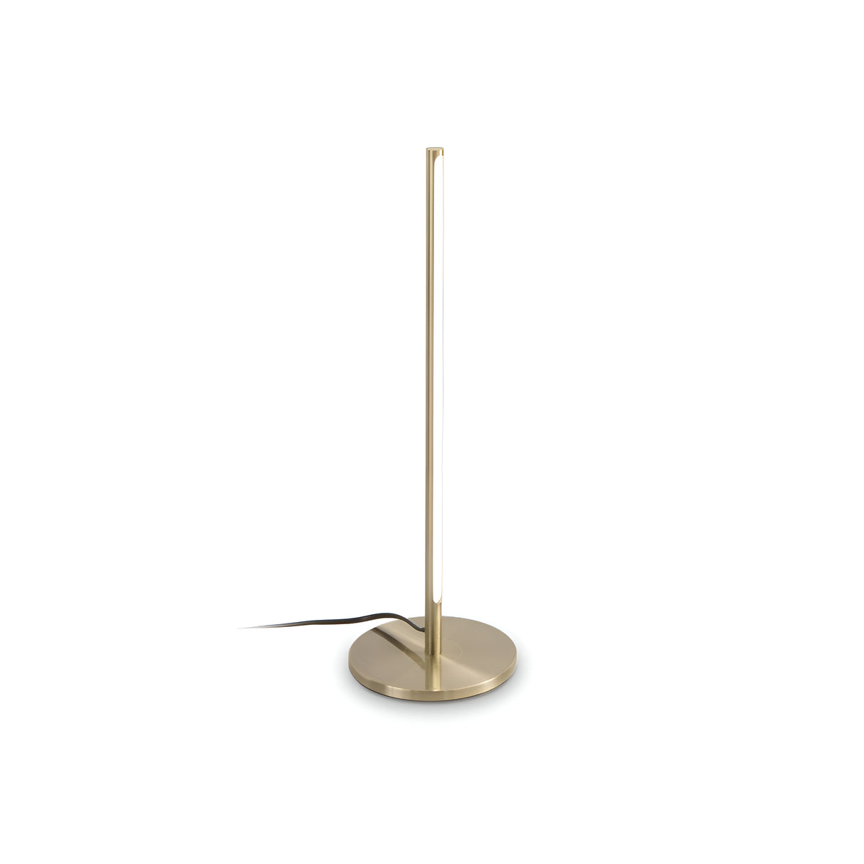 The Celestia LED Table Lamp - Brass showcases a contemporary and sleek vertical design, featuring a slim light strip beautifully complemented by its brass base and stand. Its sophisticated appearance is accentuated by a black power cord extending from the base, all elegantly captured against a white background.