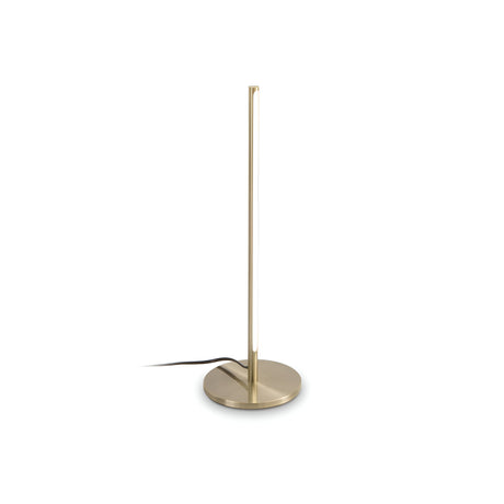 The Celestia LED Table Lamp - Brass showcases a contemporary and sleek vertical design, featuring a slim light strip beautifully complemented by its brass base and stand. Its sophisticated appearance is accentuated by a black power cord extending from the base, all elegantly captured against a white background.