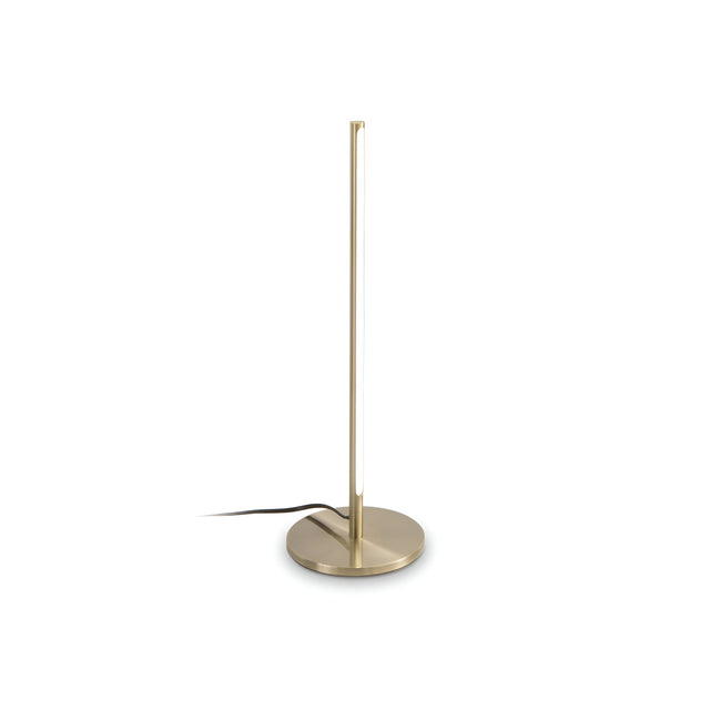 The Celestia LED Table Lamp - Brass showcases a contemporary and sleek vertical design, featuring a slim light strip beautifully complemented by its brass base and stand. Its sophisticated appearance is accentuated by a black power cord extending from the base, all elegantly captured against a white background.