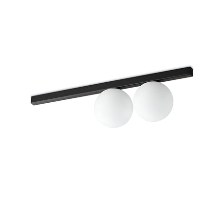 The Phostis 2 Light Ceiling & Wall Light - Black is a minimalist lighting fixture featuring two white spherical bulbs attached to a sleek, horizontal black metal bar. This modern piece is designed with simplicity in mind, making it an ideal addition to contemporary interiors.