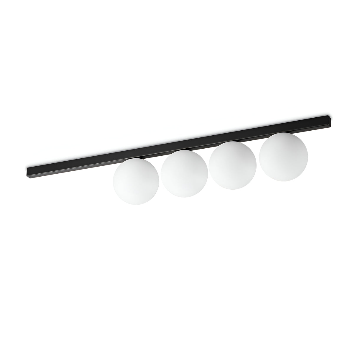 The Phostis 4 Light Ceiling & Wall Light - Black is a contemporary fixture featuring a sleek black finish with a horizontal bar and four evenly spaced, spherical white lamps. Its minimalist design makes it ideal for both ceiling and wall applications, offering an elegant modern touch.