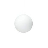The Lyria 1 Light Glass Pendant - White, 10cm, showcases a spherical white design and is suspended from an adjustable system against a simple white backdrop, capturing the essence of minimalist modern lighting elegance.