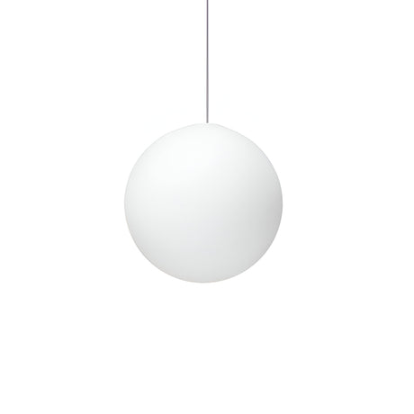 The Lyria 1 Light Glass Pendant - White, 10cm, showcases a spherical white design and is suspended from an adjustable system against a simple white backdrop, capturing the essence of minimalist modern lighting elegance.