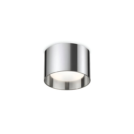 Introducing the Orbis Round Downlight - Chrome, a contemporary ceiling light fixture with a polished chrome finish and stylish turned aluminum details. It features a sleek, reflective surface with replaceable LED options, providing a minimalist design that gently diffuses soft light downward.