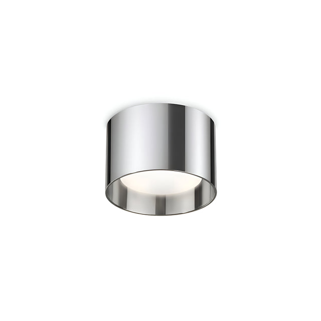 Introducing the Orbis Round Downlight - Chrome, a contemporary ceiling light fixture with a polished chrome finish and stylish turned aluminum details. It features a sleek, reflective surface with replaceable LED options, providing a minimalist design that gently diffuses soft light downward.