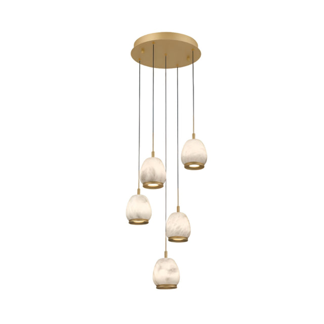 The Aurevia 5 Light LED Drop Alabaster Cluster Pendant Light in brushed brass features five marble-like white globes hanging at varying heights, blending Spanish alabaster elegance with modern style.