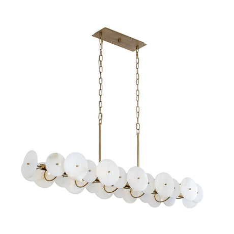The Solaryn LED Linear Disc Alabaster Suspension Light in soft white & brass features two gold rods, chains, a rectangular mount, and dual rows of frosted glass discs—a striking modern lighting centerpiece.