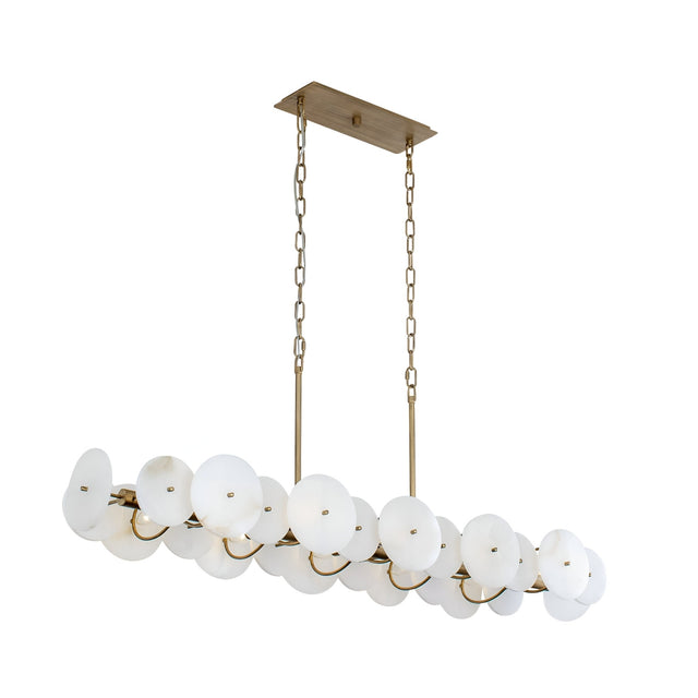 The Solaryn LED Linear Disc Alabaster Suspension Light in soft white & brass features two gold rods, chains, a rectangular mount, and dual rows of frosted glass discs—a striking modern lighting centerpiece.