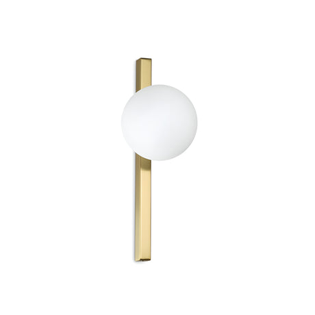 Introducing the Phostis Ceiling & Wall Light - Gold, a modern classic lighting piece that boasts a vertical brushed brass bar paired with a spherical white light fixture. Its sleek and minimalistic design elegantly combines geometric shapes with a warm metallic finish, enhancing any space it illuminates.