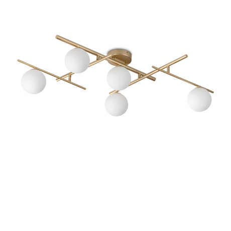Introducing the Lucida 5 Light Semi Flush - Gold, a modern ceiling light fixture with a sleek metallic gold finish. It incorporates white blown glass diffusers arranged in a minimalist geometric pattern, effortlessly adding elegance to any room with its sophisticated design.