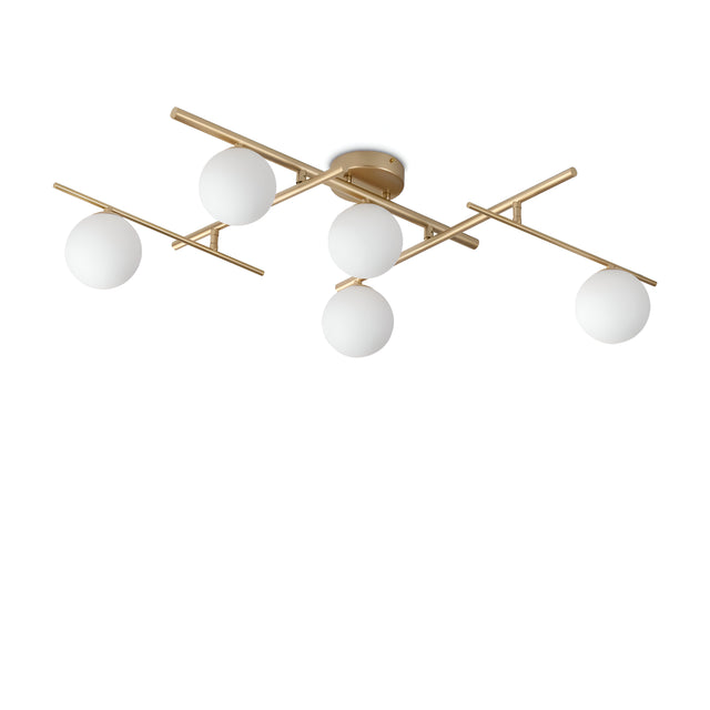 Introducing the Lucida 5 Light Semi Flush - Gold, a modern ceiling light fixture with a sleek metallic gold finish. It incorporates white blown glass diffusers arranged in a minimalist geometric pattern, effortlessly adding elegance to any room with its sophisticated design.