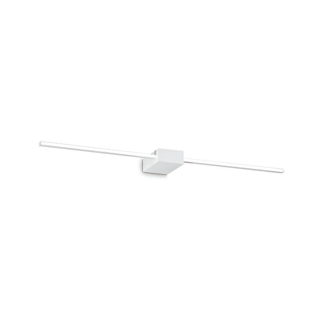 The Helion LED Picture Light 13.5W 3000K in white, measuring 75cm, features a minimalist design with a central rectangular base and two long horizontal arms extending outward. This modern wall light fixture exudes elegance with its simple white finish, making it ideal for LED picture light applications and illuminating artwork.