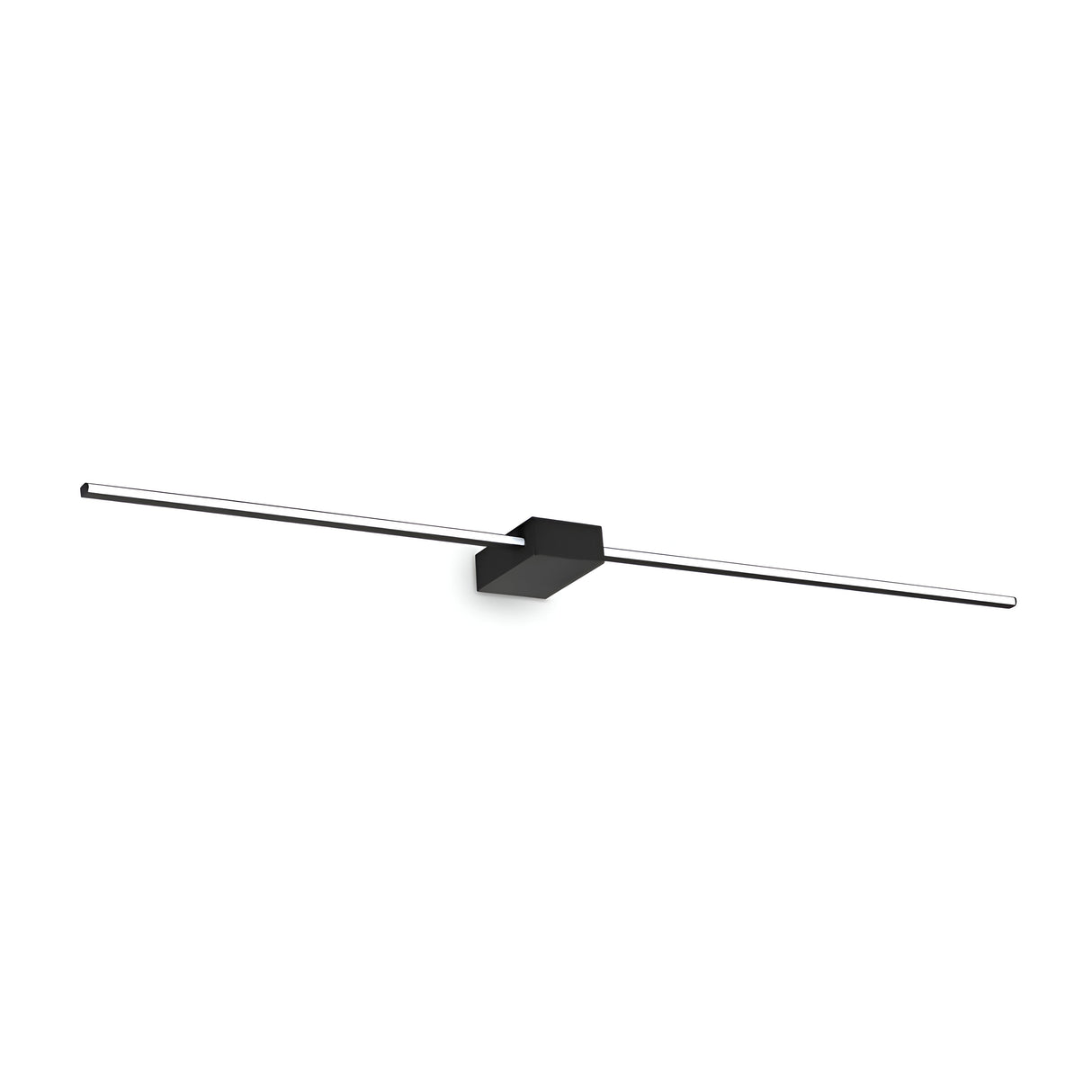 The Helion LED Picture Light 20.5W 3000K in Black, measuring 115cm, features a minimalist design with a sleek horizontal bar extending from a central rectangular base, perfect for illuminating artwork against a white background.