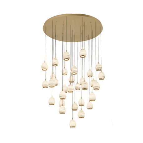The Aurevia 31 Light LED Drop Alabaster Cluster Pendant Light in brushed brass features a round, flat base and multiple white pendants suspended at varying lengths, creating a sculptural, cascading chandelier effect.