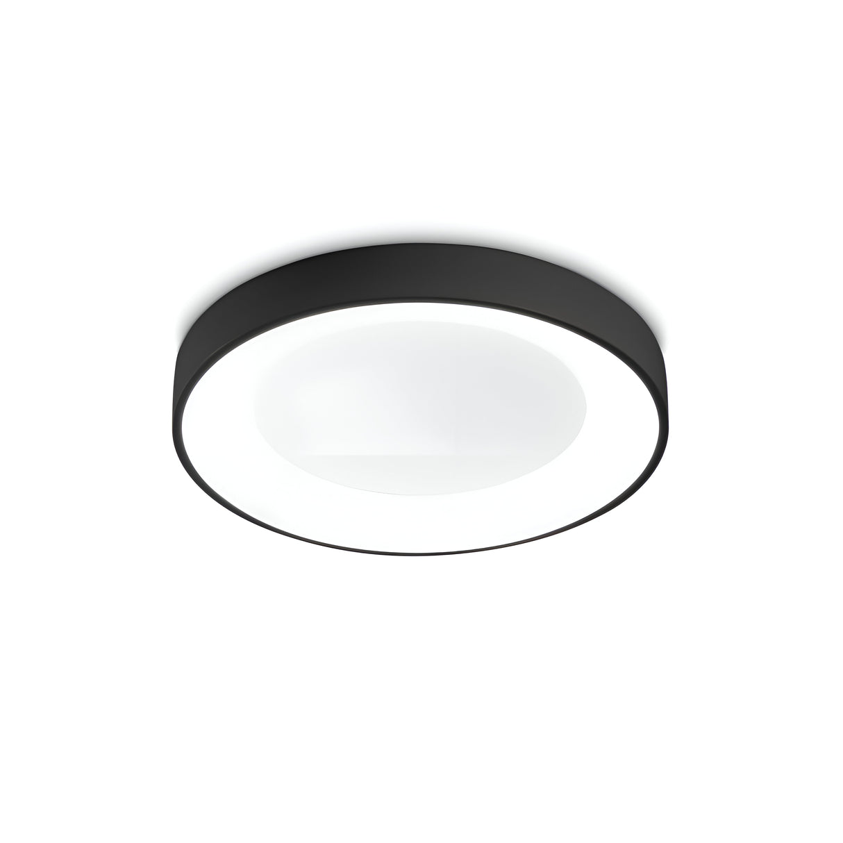 The Solisca LED Ceiling & Wall Light, featuring a contemporary design with a sleek black frame and a white illuminated center, provides energy-efficient lighting. It is elegantly mounted on a white ceiling.