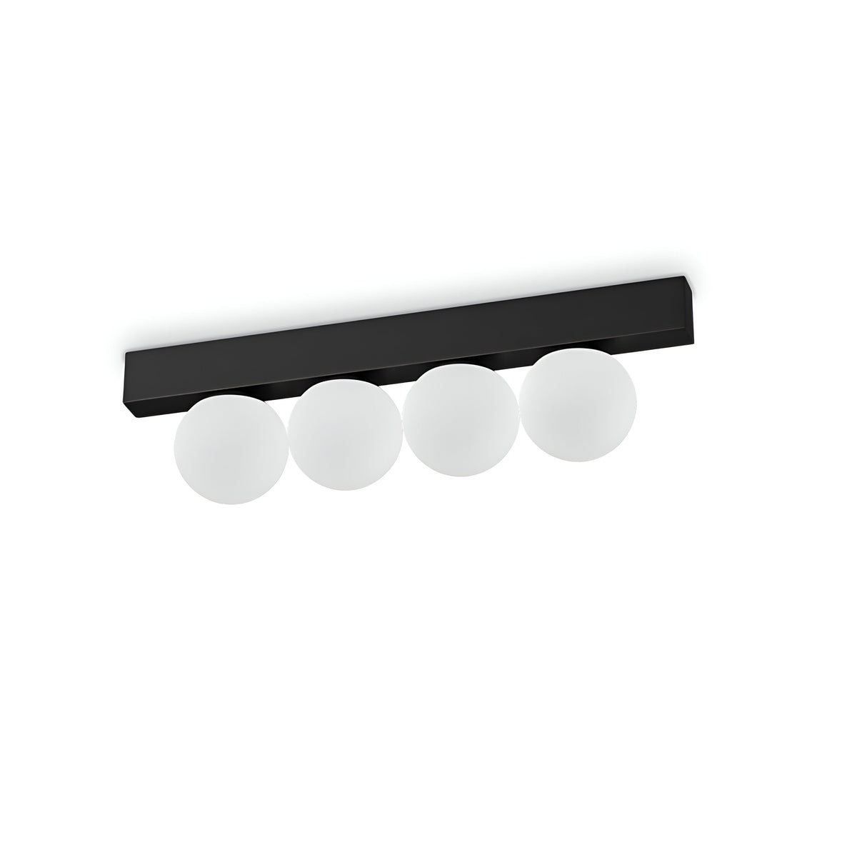 The Lyria 4 Light Wall Light 12W 3000K - Black is a contemporary and energy-efficient fixture that showcases four frosted glass globes arranged in a linear fashion on a sophisticated rectangular black base.