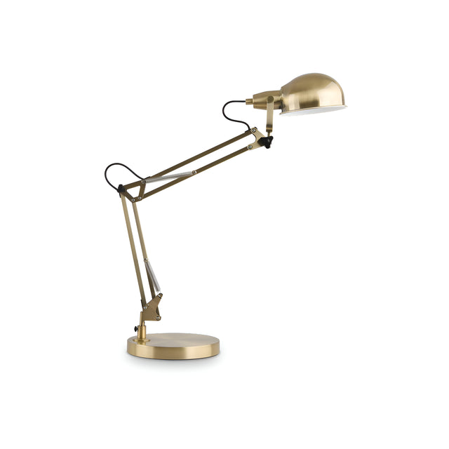 The Orlix Table Lamp - Brass showcases a contemporary design with its modern, adjustable brass finish, dome-shaped shade, and articulated arm. It is anchored on a circular base for an elegant touch.