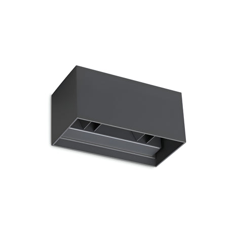 The Flareon LED Outdoor 25W 3000K Wall Light, featuring a sleek rectangular design in grey and measuring 20cm, is mounted on a white background. It efficiently directs light downwards from the open bottom, adding a contemporary touch to any space with its minimalist style.