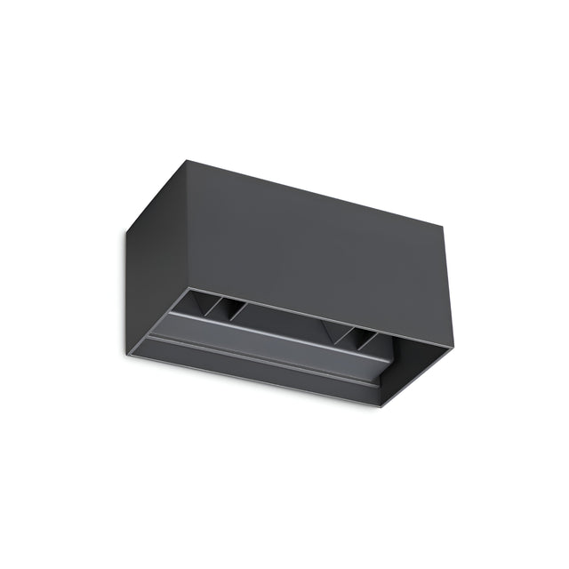 The Flareon LED Outdoor 25W 3000K Wall Light, featuring a sleek rectangular design in grey and measuring 20cm, is mounted on a white background. It efficiently directs light downwards from the open bottom, adding a contemporary touch to any space with its minimalist style.