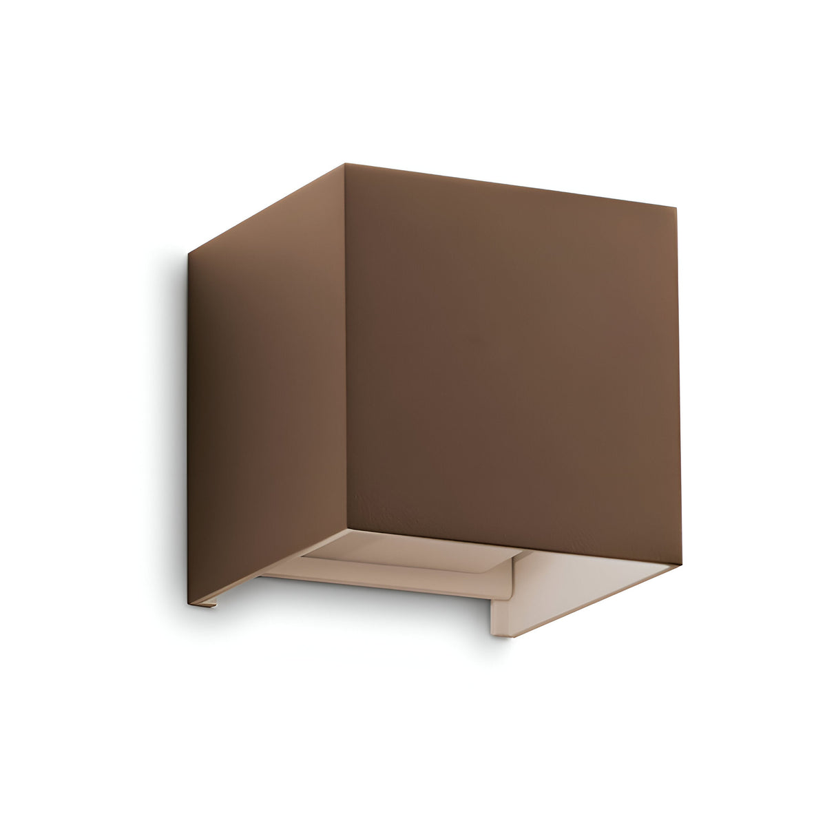 The Flareon LED Outdoor 12W Wall Light in brown features a sleek, cube-shaped design with minimalist appeal. Made from durable metal, it offers energy efficiency and emits a warm 3000K glow downwards, enhancing its modern elegance against a plain background.
