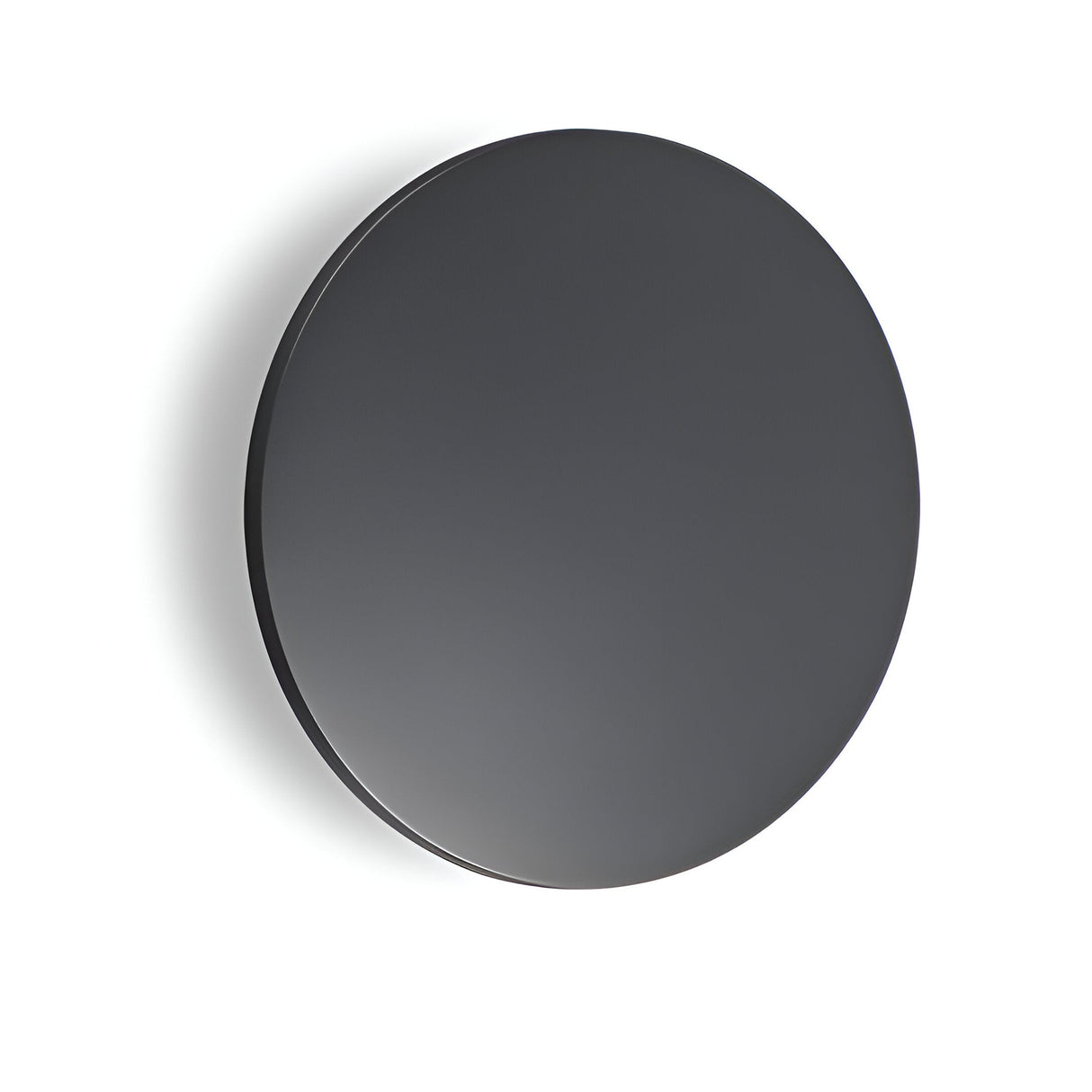 A sleek, black, circular wall-mounted speaker with a minimalist design seamlessly complements its surroundings. Mirroring the modern sophistication of the Eclipseax Outdoor LED Wall Light 16W 3000K - Grey, 30cm, it features a smooth, glossy surface and a grey metal frame against a white background for an elegant touch.