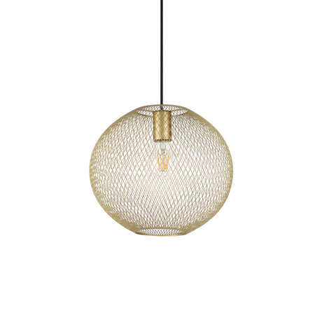 The Aeron 1 Light Pendant - Gold, 28cm showcases a spherical shade crafted from gold-tone metal, revealing the bulb within and suspended by a black cord against a white backdrop. Its modern aesthetic is accentuated by the geometric design that forms an intricate pattern surrounding the bulb.