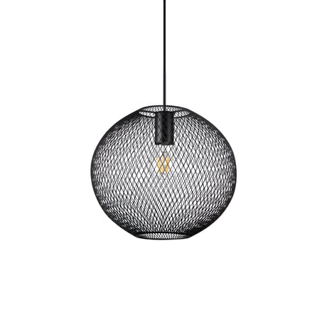 The Aeron 1 Light Pendant - Black, 28cm features a sleek spherical mesh design that hangs gracefully from a cord against a white backdrop. Its industrial aesthetic is enhanced by the visible bulb, which emits a warm glow and provides ambient lighting through the complex wire pattern.