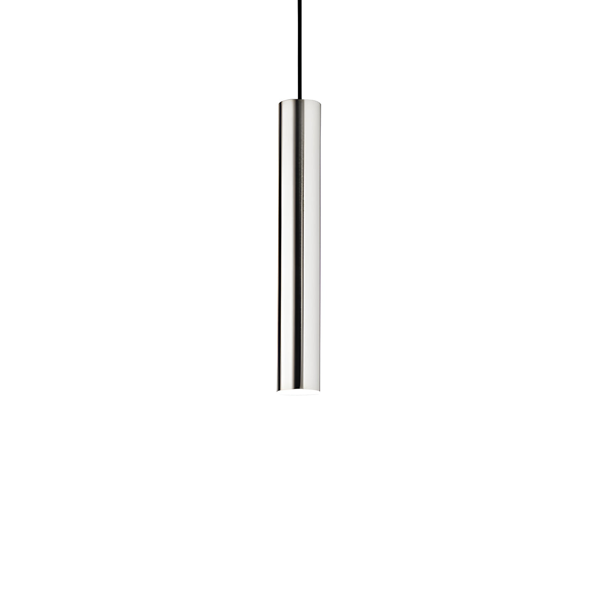 The Noctis 1 Light Pendant - Nickel, 6cm, features a slim, cylindrical metallic shade hanging from an adjustable fabric cable against a plain white background, epitomizing minimalist design.