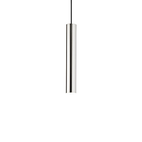 The Noctis 1 Light Pendant - Nickel, 6cm, features a slim, cylindrical metallic shade hanging from an adjustable fabric cable against a plain white background, epitomizing minimalist design.
