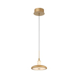 The Aurevia LED Disc Alabaster Single Pendant Light features a brushed brass disc-shaped shade, a gold ceiling mount, slim black cord, and a white marble accent above the shade for a modern look.