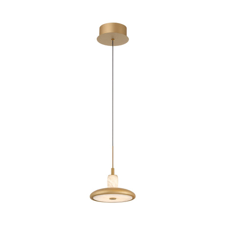 The Aurevia LED Disc Alabaster Single Pendant Light features a brushed brass disc-shaped shade, a gold ceiling mount, slim black cord, and a white marble accent above the shade for a modern look.