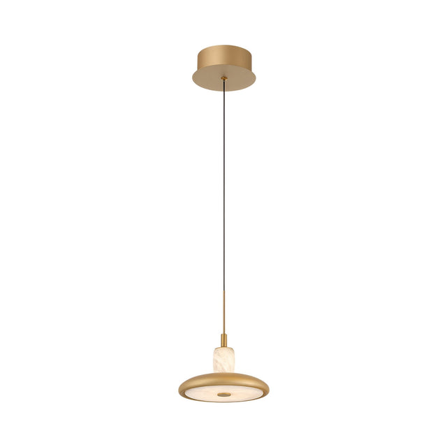 The Aurevia LED Disc Alabaster Single Pendant Light features a brushed brass disc-shaped shade, a gold ceiling mount, slim black cord, and a white marble accent above the shade for a modern look.