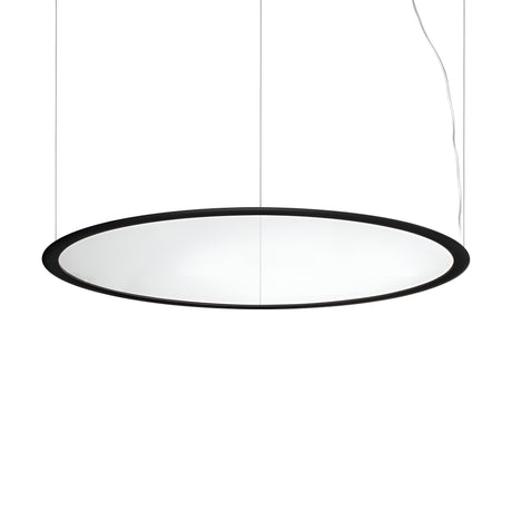 The Luxra LED Suspension Light 61W 3000K in black, measuring 93cm, hangs from the ceiling to provide ambient lighting. It features a sleek black frame and offers evenly diffused white light across its surface, capturing a minimalist and contemporary design. A power cable is visible at the top right.