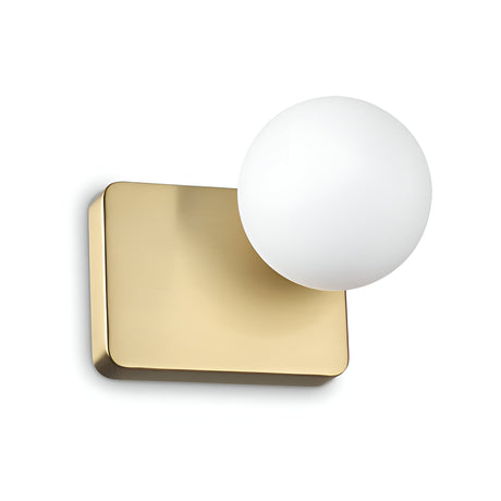 The Luxis 1 Light Wall Light - Gold features a modern design with a rectangular gold finish base and a large frosted glass globe diffuser, offering a sleek and minimalist style ideal for contemporary interiors.