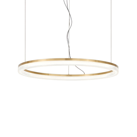 The Soltra LED Light Suspension 30W 3000K - Brass, 80cm features a sleek, circular design with a slim brushed brass frame and integrated LED lighting. It is elegantly suspended from the ceiling by thin black wires against a white background and includes an opal acrylic diffuser to provide a gentle, soft glow.