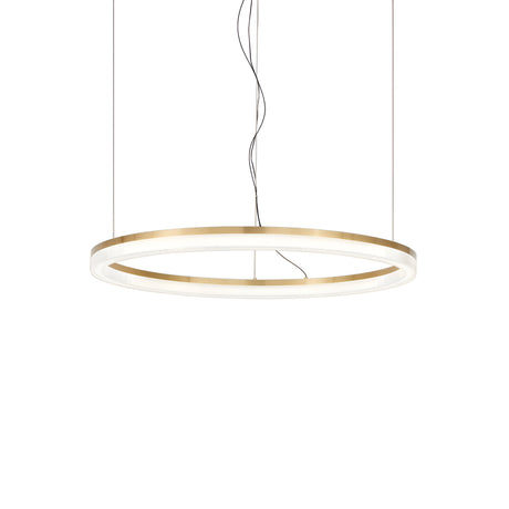 The Soltra LED Light Suspension 30W 3000K - Brass, 60cm is a contemporary circular hanging fixture featuring a brass finish and an integrated white light source. It is elegantly suspended by four thin wires, making its minimalist design ideal for modern interiors.