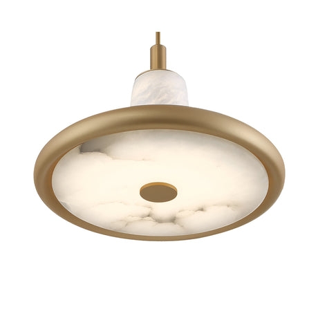 The Aurevia LED Disc Alabaster Single Pendant Light features a circular brushed brass frame and a white marbled glass diffuser, elegantly suspended from a brass rod.