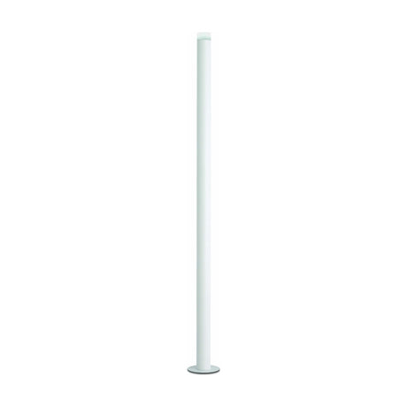 Wynorne LED floor lamp in textured white, a slim tall aluminium column on a round disc base with a frosted acrylic diffuser top, shown against a plain white background.