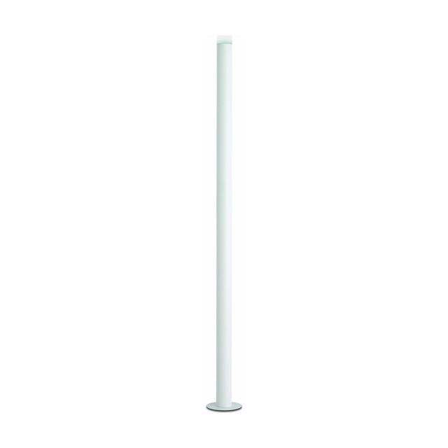 Wynorne LED floor lamp in textured white, a slim tall aluminium column on a round disc base with a frosted acrylic diffuser top, shown against a plain white background.