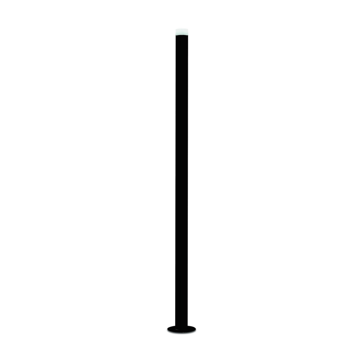 Wynorne LED Floor Lamp in textured black, a tall slim aluminium column with a white acrylic diffuser top and flat disc base, shown on a plain white background.