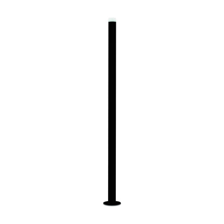 Wynorne LED Floor Lamp in textured black, a tall slim aluminium column with a white acrylic diffuser top and flat disc base, shown on a plain white background.
