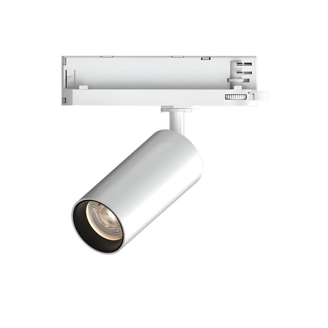 The Glimmara LED Three Phase Track Spotlight 21W 3000K in white boasts a modern and sleek silver cylindrical design. This energy-efficient spotlight is mounted on a minimalist white rectangular rail, making it ideal for three-phase track installations.