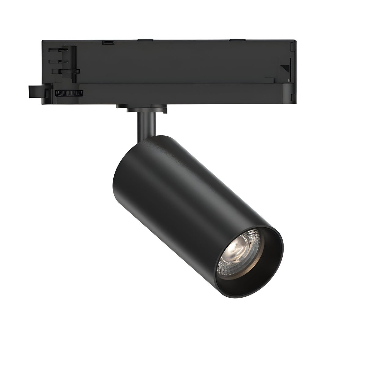 The Glimmara LED Three Phase Track Spotlight 21W 3000K in black showcases a chic cylindrical design and an adjustable head on a rectangular mounting fixture. Offering energy-efficient lighting angled downward, it delivers precise directional illumination, merging modern elegance with functionality.