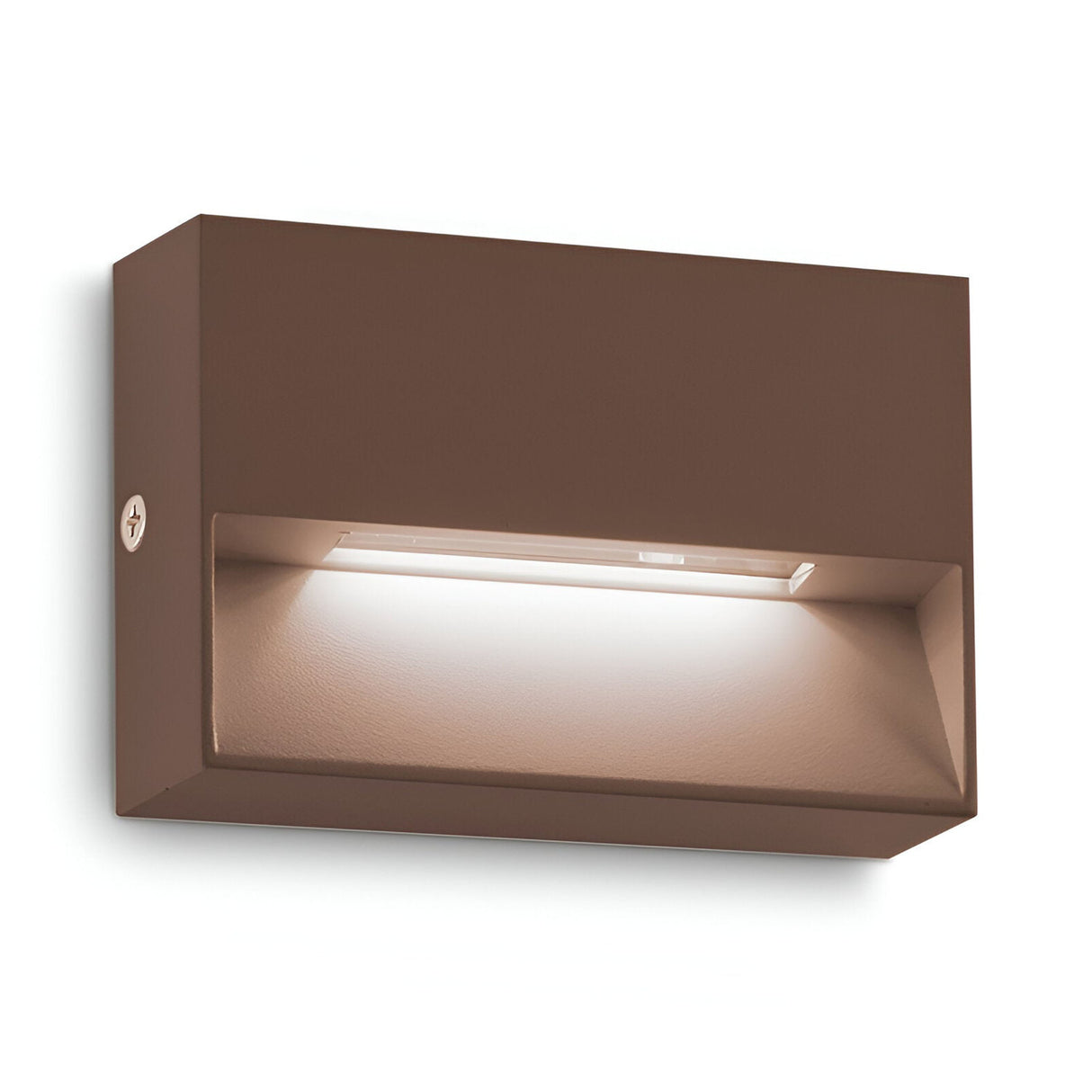Introducing the Arctis Small LED Outdoor Wall Light with a modern rectangular design and sleek brown finish, this wall-mounted fixture features energy-efficient LED technology. It emits a soft, warm 3000K glow from an inset panel and boasts an IP65 rating, making it versatile for both indoor and outdoor use.
