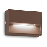Introducing the Arctis Small LED Outdoor Wall Light with a modern rectangular design and sleek brown finish, this wall-mounted fixture features energy-efficient LED technology. It emits a soft, warm 3000K glow from an inset panel and boasts an IP65 rating, making it versatile for both indoor and outdoor use.