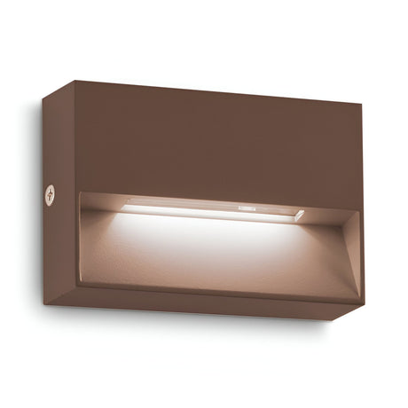 Introducing the Arctis Small LED Outdoor Wall Light with a modern rectangular design and sleek brown finish, this wall-mounted fixture features energy-efficient LED technology. It emits a soft, warm 3000K glow from an inset panel and boasts an IP65 rating, making it versatile for both indoor and outdoor use.