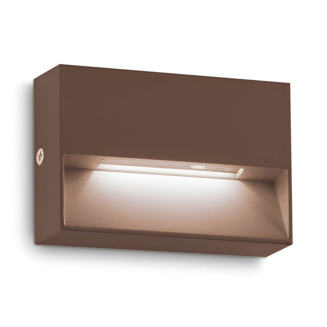 Introducing the Arctis Small LED Outdoor Wall Light with a modern rectangular design and sleek brown finish, this wall-mounted fixture features energy-efficient LED technology. It emits a soft, warm 3000K glow from an inset panel and boasts an IP65 rating, making it versatile for both indoor and outdoor use.