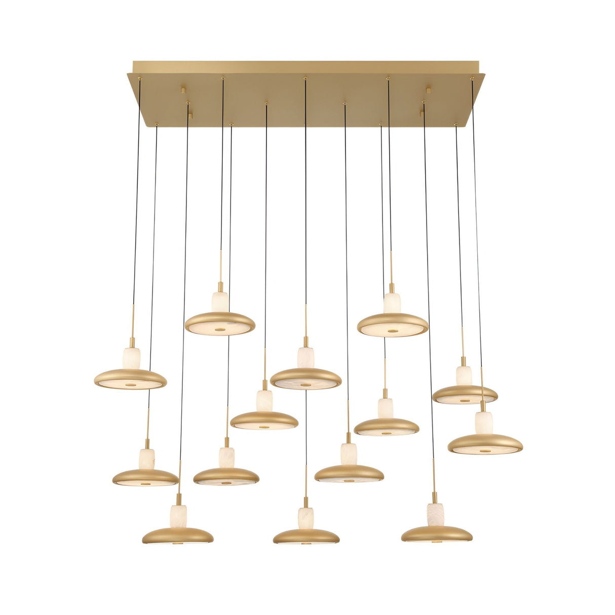 The Aurevia 14 Light LED Drop Alabaster Bar Pendant Light features fourteen circular alabaster pendants suspended from slim black cords on a brushed brass rectangular ceiling mount.